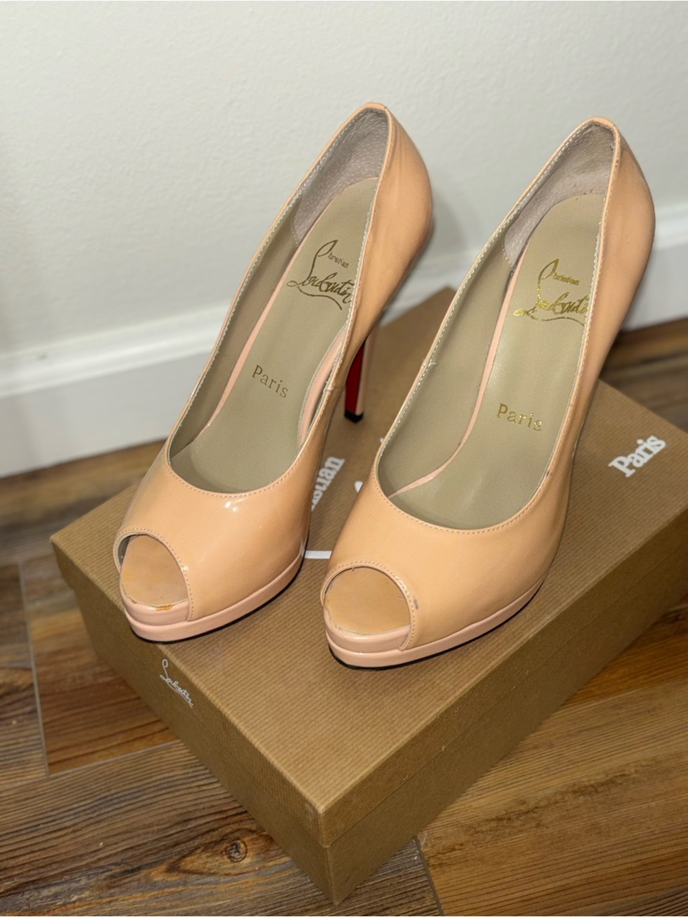 Christian Louboutin Beige Patent Leather Peep-Toe Pumps with Red Soles